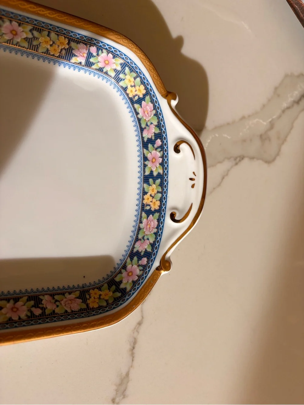 Limoges White Porcelain Vanity Tray with Pink and Yellow Floral Border